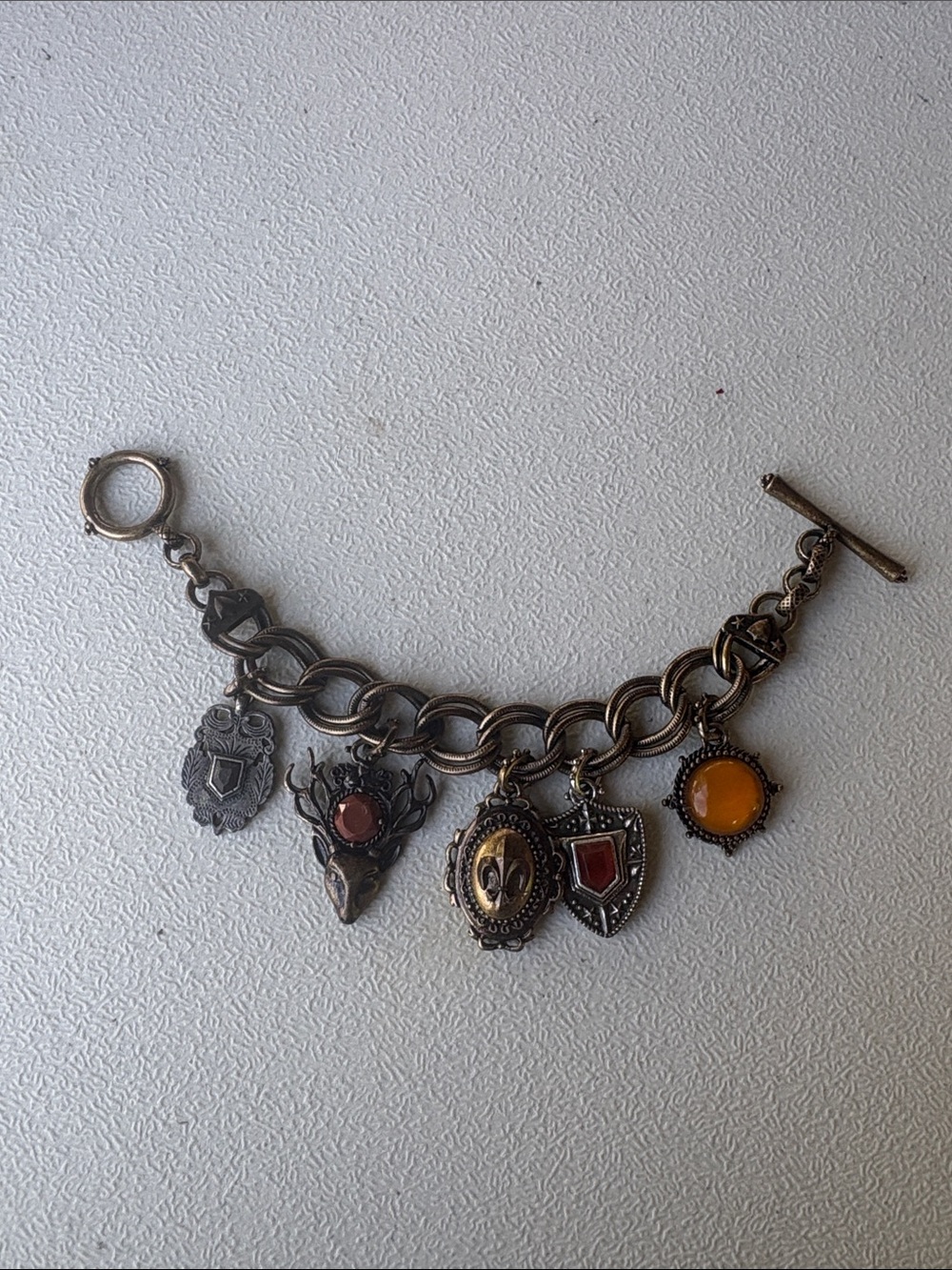 Antique-Inspired Amber and Red Charm Toggle Bracelet